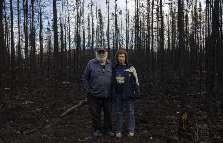 Frank Maggio, left, and Charmi Weker around the scorched forest in Anderson, Alaska, July 27, 2022. The Clear fire forced Weker to evacuate her property by riding her horses to safety. (Ash Adams/The New York Times)