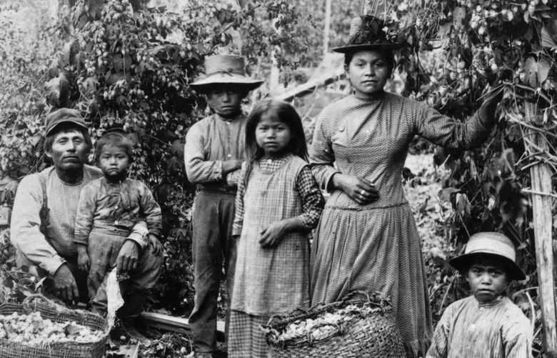 Indigenous family on a Puget Sound hop farm. From the book “Seattle from the Margins: Exclusion, Erasure, and the Making of a Pacific Coast City” by Megan Asaka, published by University of Washington Press. Credit: University of Washington Libraries, Special Collections, NA 4189. (Photo 2.04)