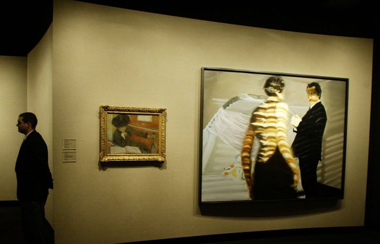 Two Paul Allen-owned works on display at EMP in 2006: Edgar Degas’ “woman Seated in Front of a Piano,” left, and Eric Fischl’s “Krefeld Project, Bedroom #6.”  (Alan Berner / The Seattle Times)