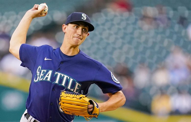 Seattle Mariners pitcher George Kirby throws against the Detroit Tigers in the second inning of a baseball game in Detroit, Tuesday, Aug. 30, 2022. (AP Photo/Paul Sancya) MIPS104