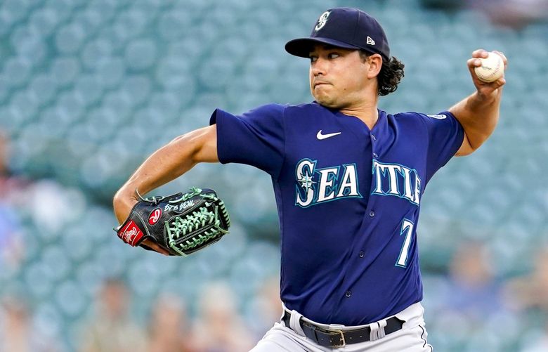 Seattle Mariners pitcher Marco Gonzales throws against the Detroit Tigers in the first inning of a baseball game in Detroit, Wednesday, Aug. 31, 2022. (AP Photo/Paul Sancya) MIPS108