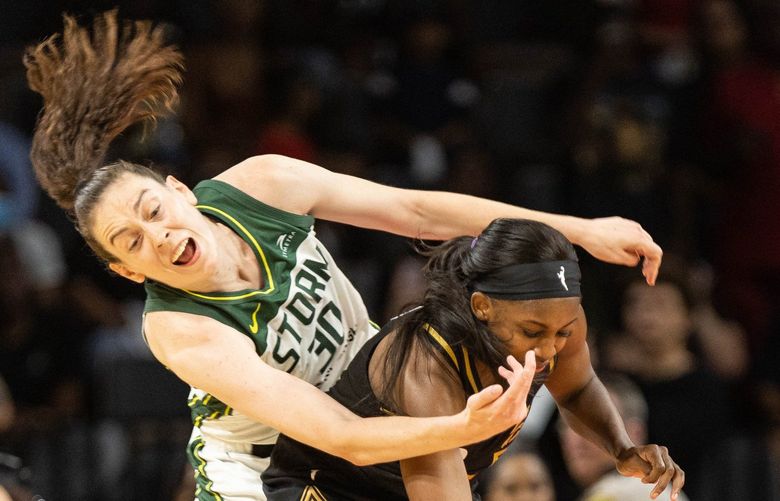 Breanna Stewart tries to turnover Las Vegas’ Jackie Young in the final seconds of the fourth quarter, hoping to give the Storm one last shot at tying the game.  The foul was Stewart’s 6th, and forced her from the game. 221474