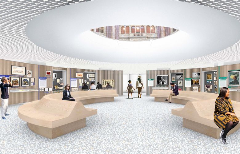 A rendering of planned orientation gallery seating and oculus at the Library of Congress.