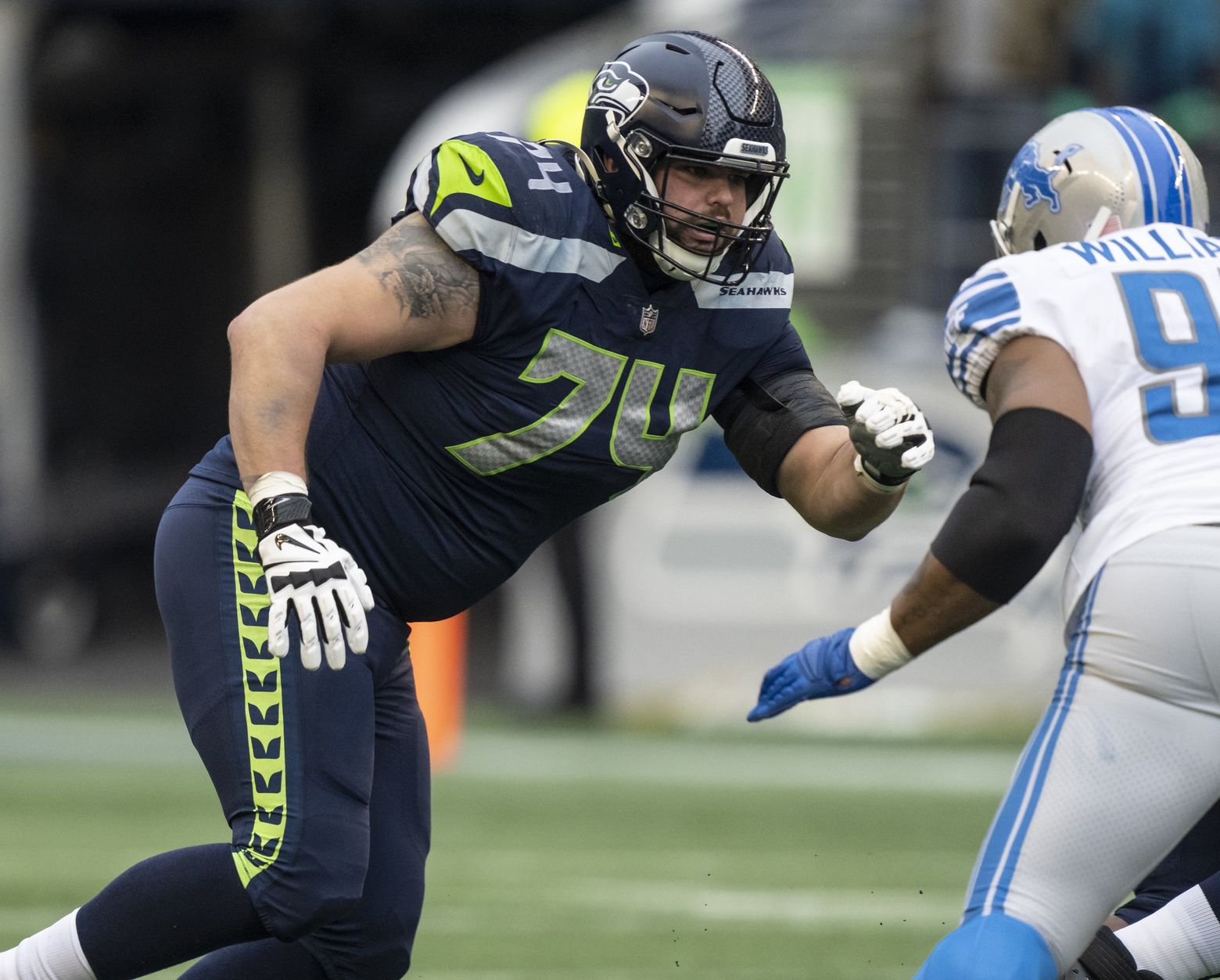 Seattle Seahawks offensive tackle Jake Curhan (74) looks on during the NFL  football team's training camp, Wednesday, Aug. 9, 2023, in Renton, Wash.  (AP Photo/Lindsey Wasson Stock Photo - Alamy