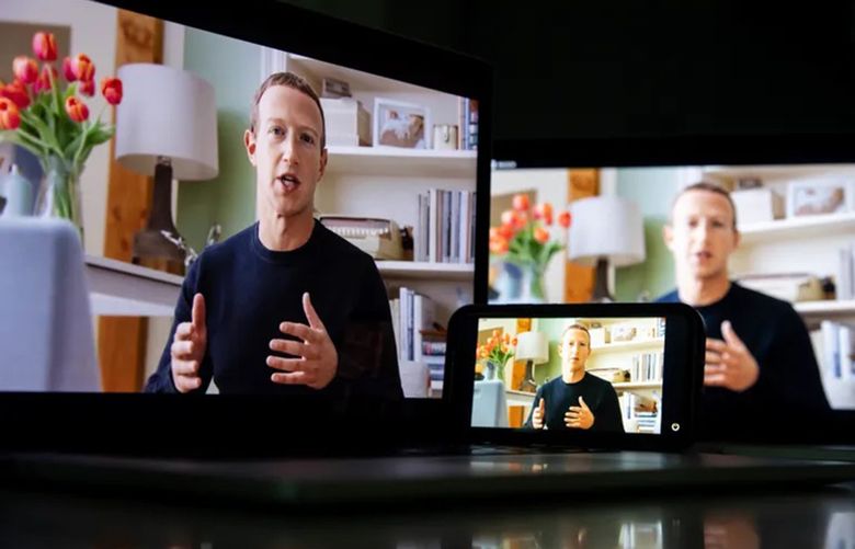 Mark Zuckerberg, chief executive officer of Meta Platforms, speaks during a virtual Facebook Connect event in 2021. (Michael Nagle / Bloomberg)
