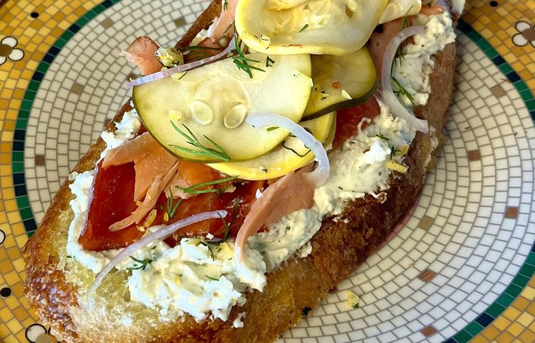 This smoked salmon toast combines all the flavors of the iconic bagel and lox in new ways, including a honey lemon goat cheese spread.