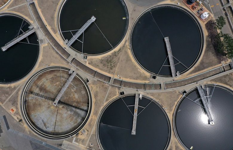 An aerial view of the East Bay Municipal Utility District Wastewater Treatment Plant on April 29, 2020, in Oakland, California. (Justin Sullivan/Getty Images/TNS)