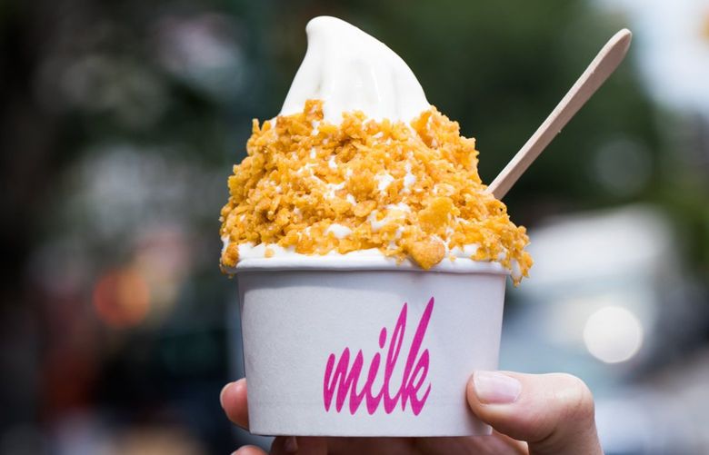 Milk Bar’s cereal milk soft serve turns our collective love for the sickly sweet milk at the bottom of the cereal bowl into a swirly summer treat.