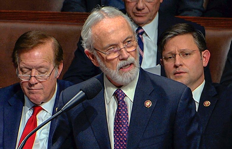 FILE – In this Dec. 18, 2019 file photo Rep. Dan Newhouse, R-Wash., speaks as the House of Representatives debates the articles of impeachment against President Donald Trump at the Capitol in Washington. On Wednesday, Jan. 13, 2021, Newhouse came out in favor of impeaching Trump over last week’s riot at the Capitol. (House Television via AP, File) LA321 LA321