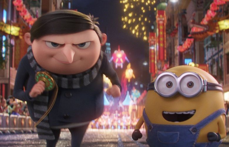 Gru (Steve Carell) and Minion Otto in “Minions: The Rise of Gru.”