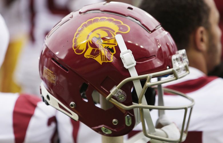 A Southern California helmet is photographed during the second half of an NCAA college football game between Washington State and Southern California, Saturday, Sept. 18, 2021, in Pullman, Wash. (AP Photo/Young Kwak)
