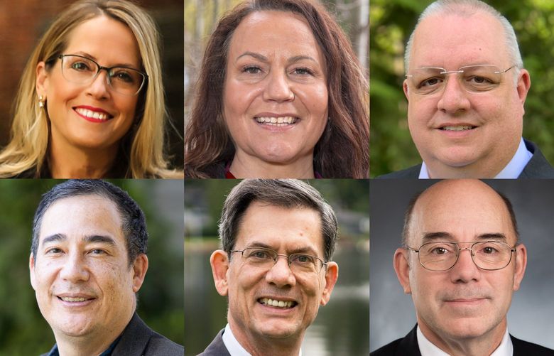 Candidates vying for Washington secretary of state. Top row, from left: Julie Anderson, Tamborine Borrelli, and Bob Hagglund. Bottom row, from left: Steve Hobbs, Mark Miloscia, and Keith Wagoner. Not pictured is Kurtis Engle and Marquez Tiggs. (Courtesy of the campaigns)