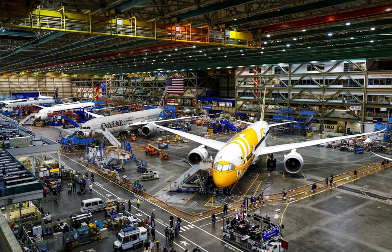 787 aircraft lined up at Boeing’s Everett production plant in June undergo rework to fix defects at fuselage and other joins. FAA approval to resume 787 deliveries won’t come in time for the Farnborough Air Show.