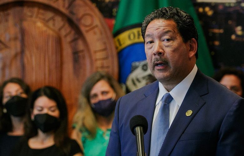 Seattle Mayor Bruce Harrell speaks during a press conference to address reproductive rights bills and gun violence over the weekend at City Hall Monday morning, August 15, 2022. 221286