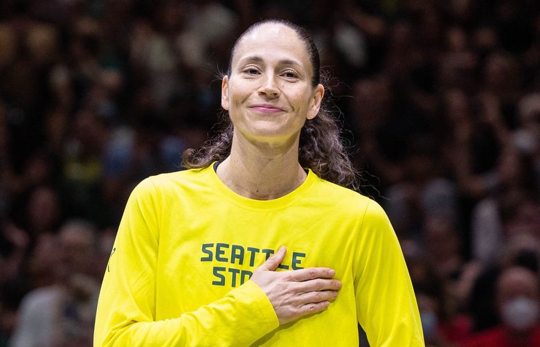 Sue Bird becomes emotional with the ovation the Climate Pledge Arena crowd gives her at a ceremony marking here pending retirement before Sunday’s game.

The Las Vegas Aces played the Seattle Storm in WNBA Basketball Sunday, August 7, 2022 at Climate Pledge Arena, in Seattle, WA. 221190