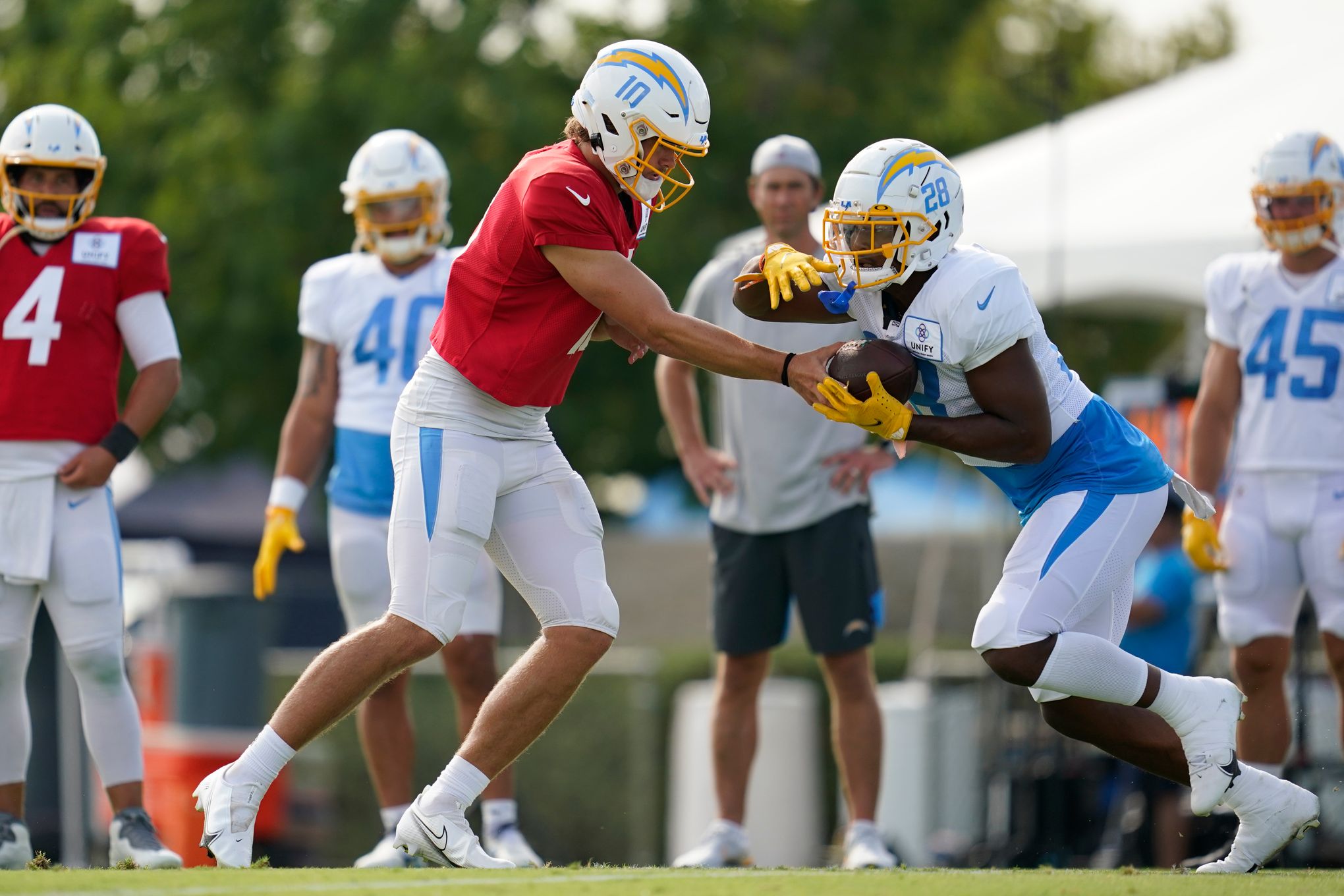 Los Angeles Chargers running back Isaiah Spiller (28) against the