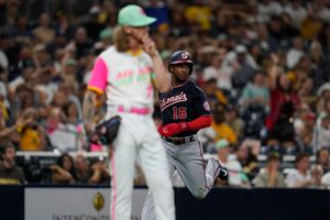 Play at the plate…CJ Abrams sliding into home plate during Wednesday nights  game against the San Diego Padres… 📸 for Washington Times /…