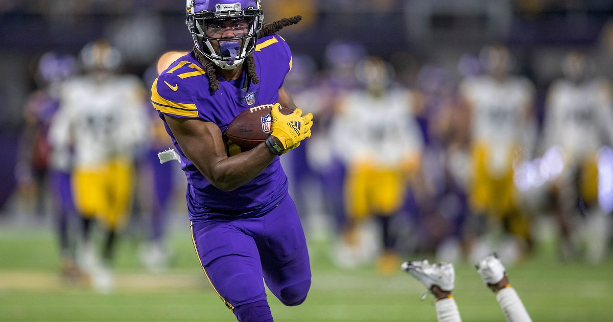 Minnesota Vikings wide receiver K.J. Osborn (17) reacts after a play  against the Seattle Seahawks during the second half an NFL football game,  Sunday, Sept. 26, 2021 in Minneapolis. Minnesota won 30-17. (