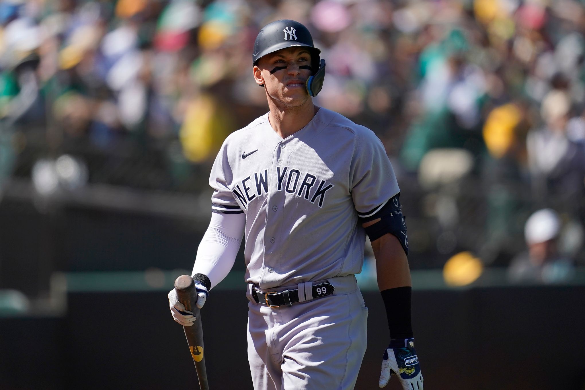 New York Yankees' Kyle Higashioka follows through during an at-bat