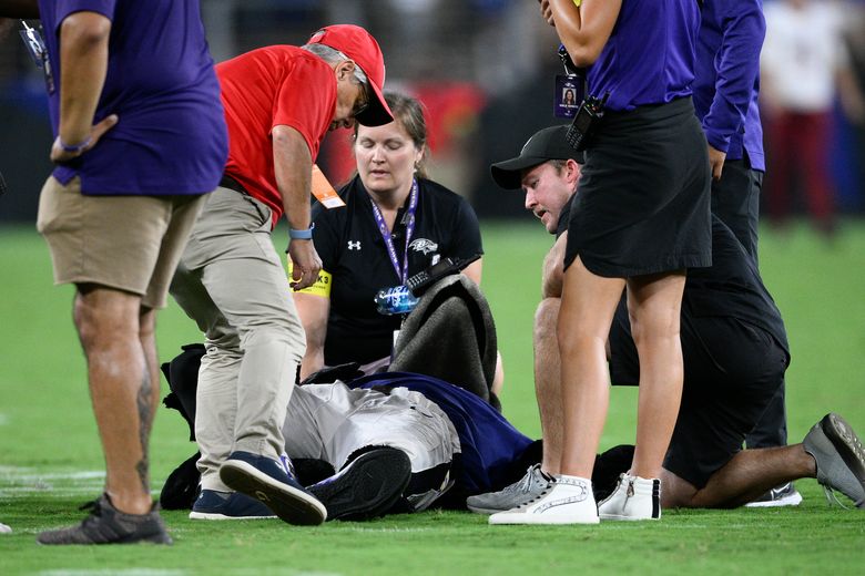 Ravens' mascot carted off at halftime with apparent injury