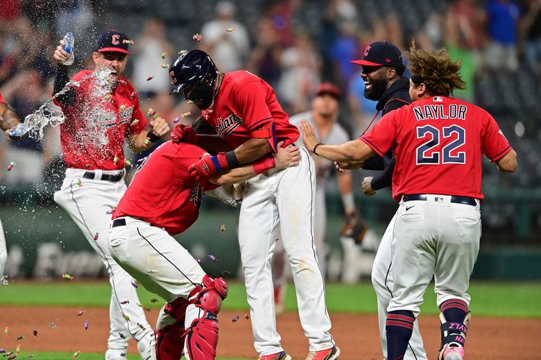 Guardians Bo Naylor gets first hit, Josh Naylor celebrates in dugout