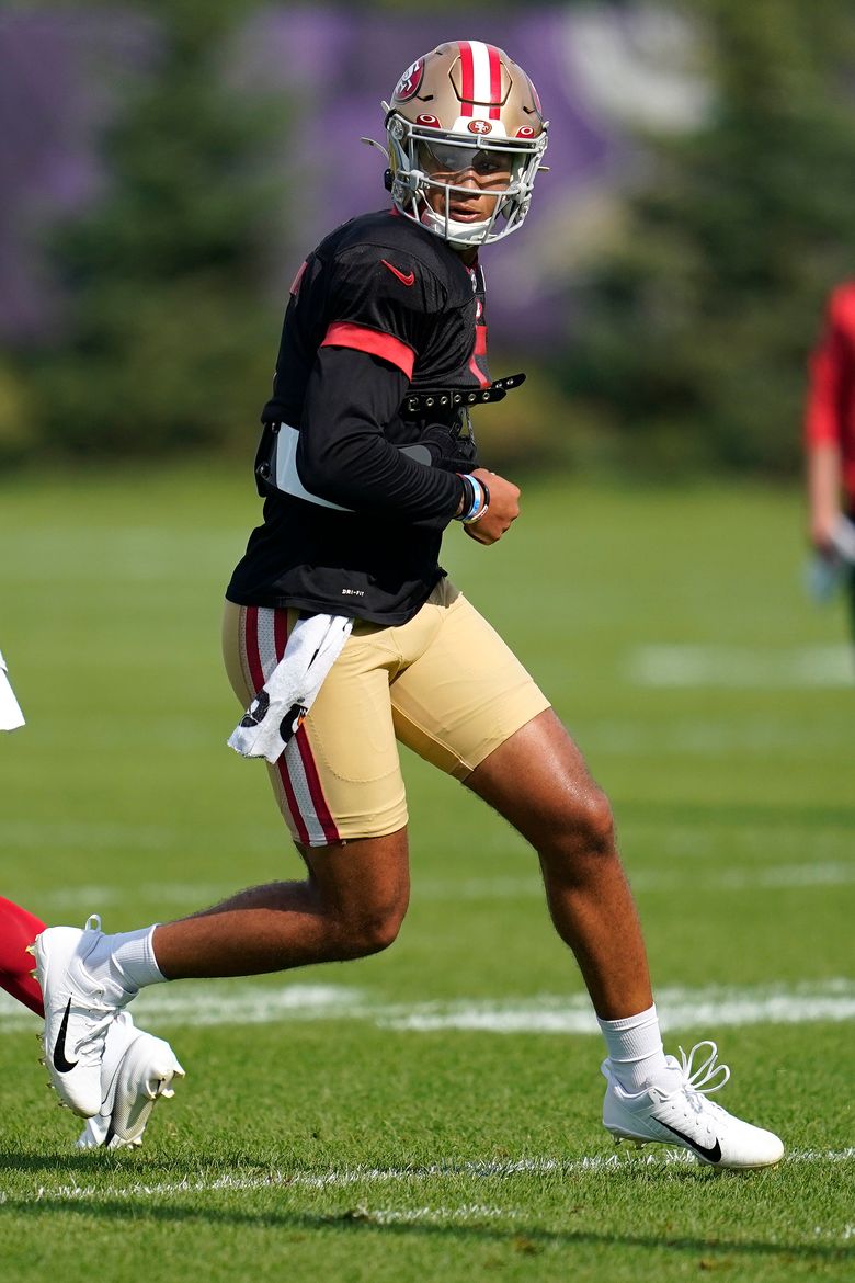 San Francisco 49ers' Trey Lance takes part in drills at the NFL