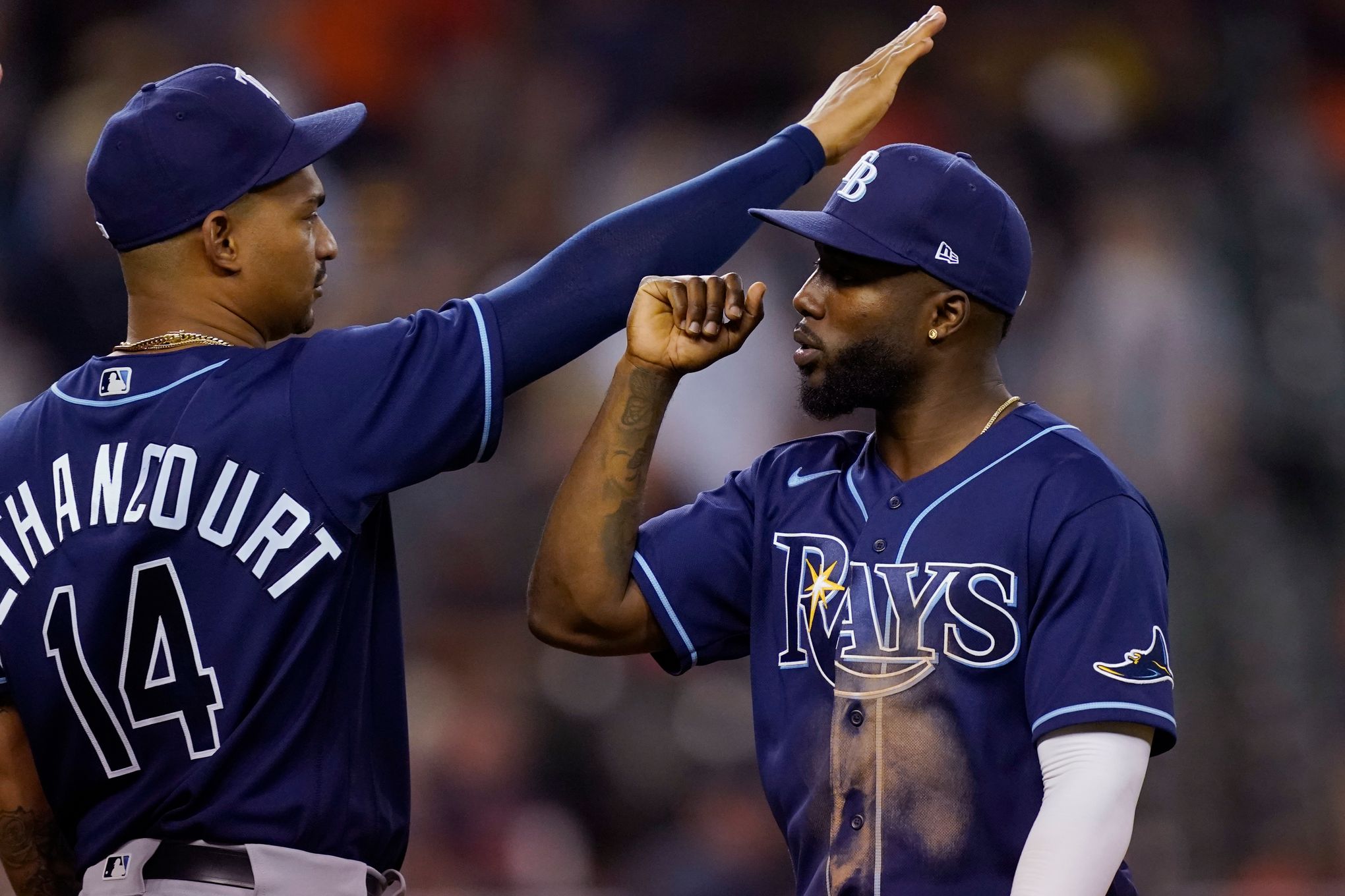 Tampa Bay Rays' Christian Bethancourt runs to first base after