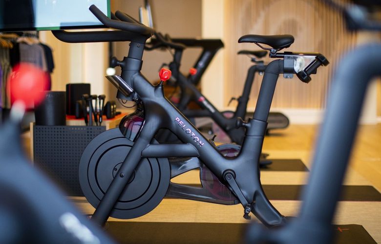 A Peloton stationary bike for sale at the company’s showroom in Dedham, Mass.  Bloomberg photo by Adam Glanzman