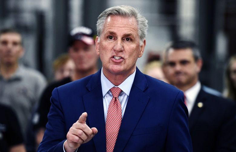 House Minority leader Kevin McCarthy, R-Calif., makes a speech at Don’s Machine Shop in West Pittston, Pa. Thursday, Sept. 1, 2022. (Sean McKeag/The Citizens’ Voice via AP) PAWIC102 PAWIC102