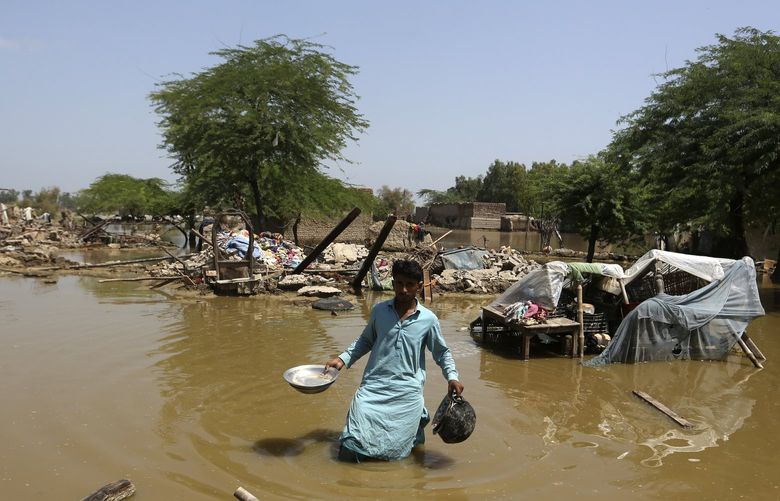 A man looks for salvageable belongings from his flooded home in the Shikarpur district of Sindh Province, Pakistan, Thursday, Sep. 1, 2022. Pakistani health officials on Thursday reported an outbreak of waterborne diseases in areas hit by recent record-breaking flooding, as authorities stepped up efforts to ensure the provision of clean drinking water to hundreds of thousands of people who lost their homes in the disaster. (AP Photo/Fareed Khan) XRG101 XRG101