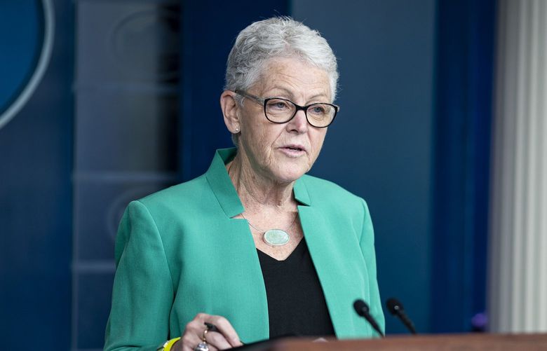 FILE — Gina McCarthy, the national climate advisor, briefs reporters at the White House in Washington, April 22, 2021. McCarthy will step down on Sept. 16, 2022, administration officials said. (Al Drago/The New York Times) XNYT104 XNYT104
