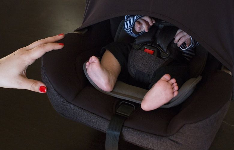 Amber Gorrow in Vancouver, Wash., demonstrates the screen she uses on her baby son’s carrier in February 2019, to prevent people from getting close amid a measles outbreak. MUST CREDIT: Photo by Alisha Jucevic for The Washington Post.