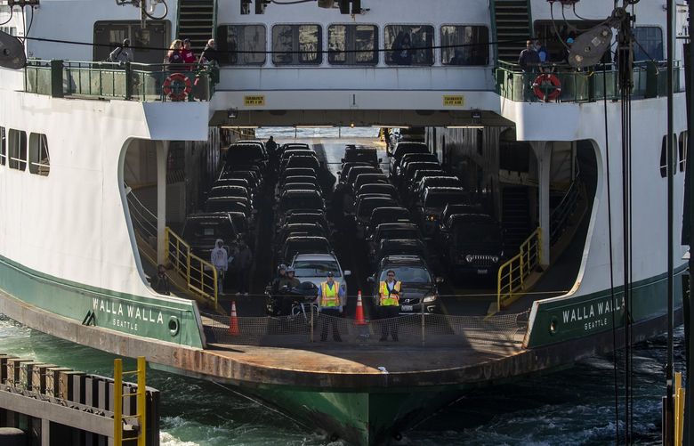 The MV Walla Walla coming from Bremerton prepares to dock at Colman Dock on Friday, Oct. 8, 2021. 

Seattle routes to Bainbridge Island and Bremerton, and the Edmonds-Kingston and Mukilteo-Clinton routes, were all down to one boat each, half the usual capacity.

Chronic crew shortages at Washington State Ferries are leaving a critical transportation system in disarray.



Colman Dock on Friday, Oct. 8, 2021