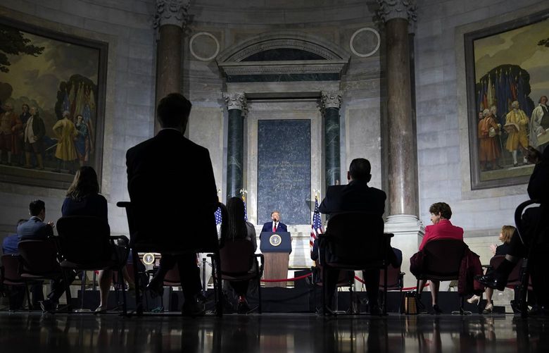 FILE – President Donald Trump speaks to the White House conference on American History at the National Archives museum, Sept. 17, 2020, in Washington. Never until now has the National Archives and Records Administration been caught up in a criminal investigation into a former president. Yet thatâ€™s exactly where the agency finds itself after sending a referral to the FBI stating that 15 boxes recovered from former President Donald Trumpâ€™s Florida estate in January contained dozens of documents with classified markings. (AP Photo/Alex Brandon, File) WX256 WX256
