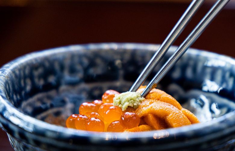 Salmon caviar and sea urchin over rice is one of the dishes featured in the $180 omakase set menu at Takai by Kashiba.
