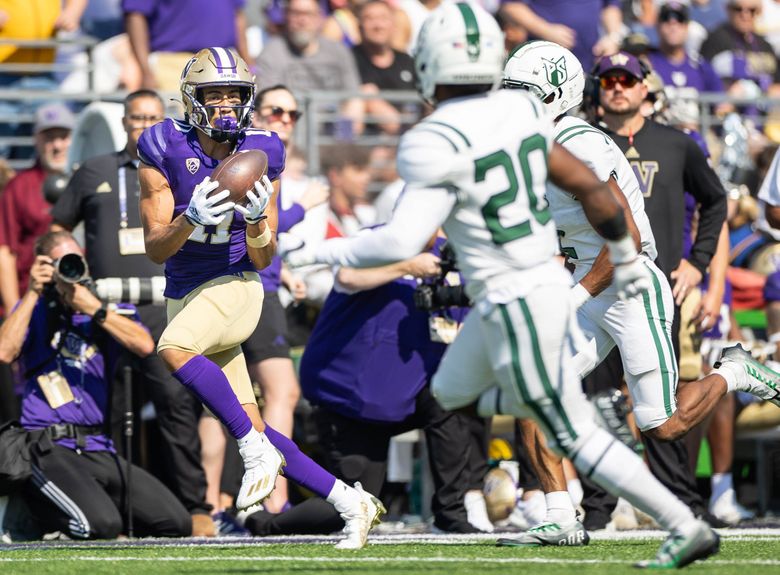 Jalen McMillan gets behind the Portland State secondary and makes this 36-yard pass reception to the six-yard line, setting up the Huskies last touchdown of the first half. (Dean Rutz / The Seattle Times)