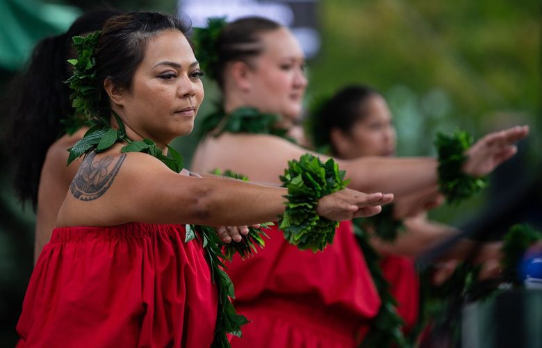 Halau Hula Pulamahiakalikolehua perform on the Alaska Mural Stage at Seattle Center during the Live Aloha Hawaiian Cultural Festival on Sunday, Sept. 11, 2022.