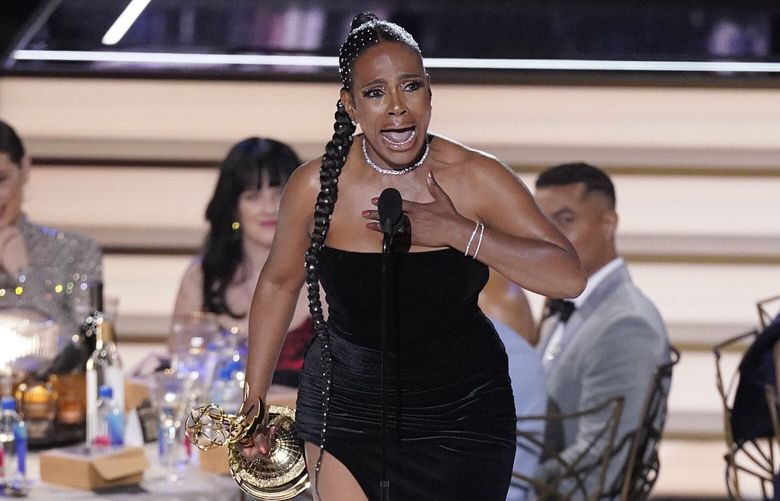 Sheryl Lee Ralph accepts the Emmy for outstanding supporting actress in a comedy series for “Abbott Elementary” at the 74th Primetime Emmy Awards on Monday, Sept. 12, 2022, at the Microsoft Theater in Los Angeles. (AP Photo/Mark Terrill) CARA398 CARA398
