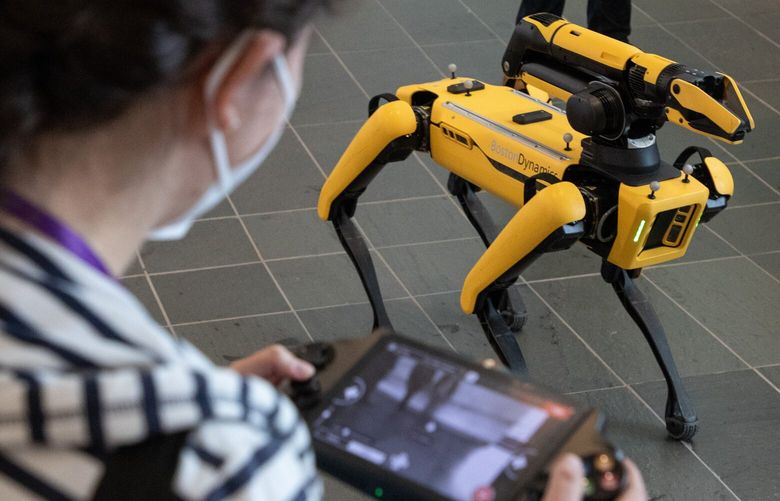 Spot, an AI robot created by Boston Dynamics, is demoed during the We Robot 2022 conference at the University of Washington on Thursday, Sept. 15, 2022. The robot is intended to easily navigate and gather data in rough terrain.
