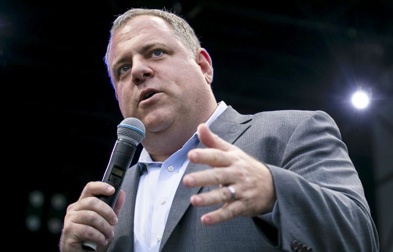Garth Lagerwey, Seattle Sounders general manager and president of soccer, speaks during the MLS Cup championship celebration at the Seattle Center in Seattle Tuesday, Nov. 12, 2019. 212088 212088