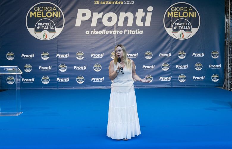 FILE – Giorgia Meloni, leader of Italy’s far-right Fratelli d’Italia (Brothers of Italy) party, speaks at a rally in Cagliari, Italy, Sept. 2, 2022. Meloni, the nationalist politician who is the front-runner to become prime minister, sees “The Lord of the Rings” as not just a series of novels, but also a sacred text. (Gianni Cipriano/The New York Times) XNYT105 XNYT105