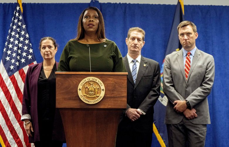 Letitia James, the New York attorney general, holds a press briefing in Manhattan on Wednesday, Sept. 21, 2022. James has assumed the role of Donald Trump’s chief antagonist in New York with Trump long dismissing her inquiry into his business dealings as a partisan “witch hunt,” and painting her as an overly zealous and politically motivated prosecutor. (Hiroko Masuike/The New York Times) XNYT167 XNYT167