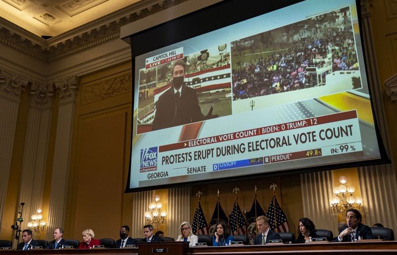 A video clip of a Fox News broadcast of the Jan. 6, 2021, insurrection is seen on screen during a hearing of the House Select Committee to Investigate the Jan. 6 Attack on the United States Capitol in the Cannon House Office Building on Thursday, July 21, 2022, in Washington, D.C. (Kent Nishimura/Los Angeles Times/TNS)