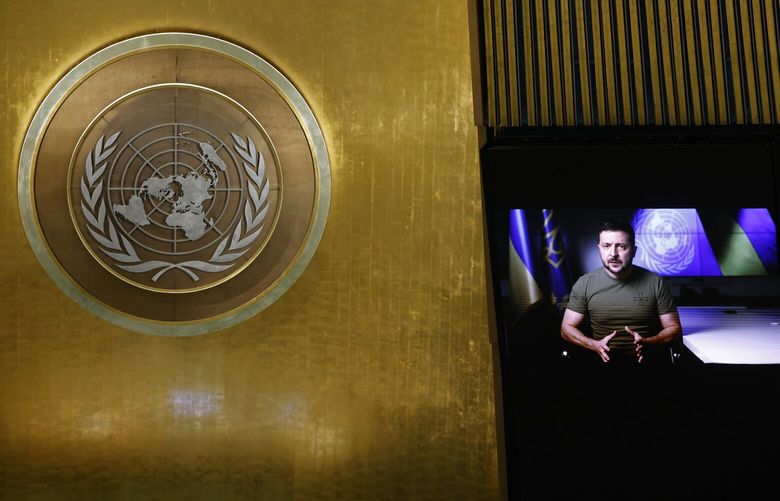 Ukrainian President Volodymyr Zelenskyy addresses the 77th session of the United Nations General Assembly, at U.N. headquarters, Wednesday, Sept. 21, 2022. (AP Photo/Jason DeCrow) UNJD120 UNJD120