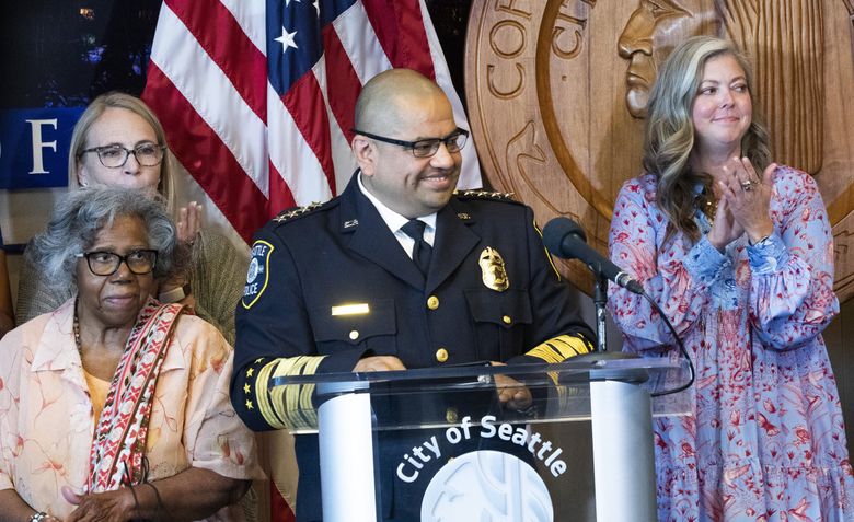Former Interim Police Chief Adrian Diaz at the end of a press conference held at Seattle City Hall, where Mayor Bruce Harrell introduced him as Seattle&#8217;s permanent police chief Tuesday. (Ellen M. Banner / The Seattle Times)