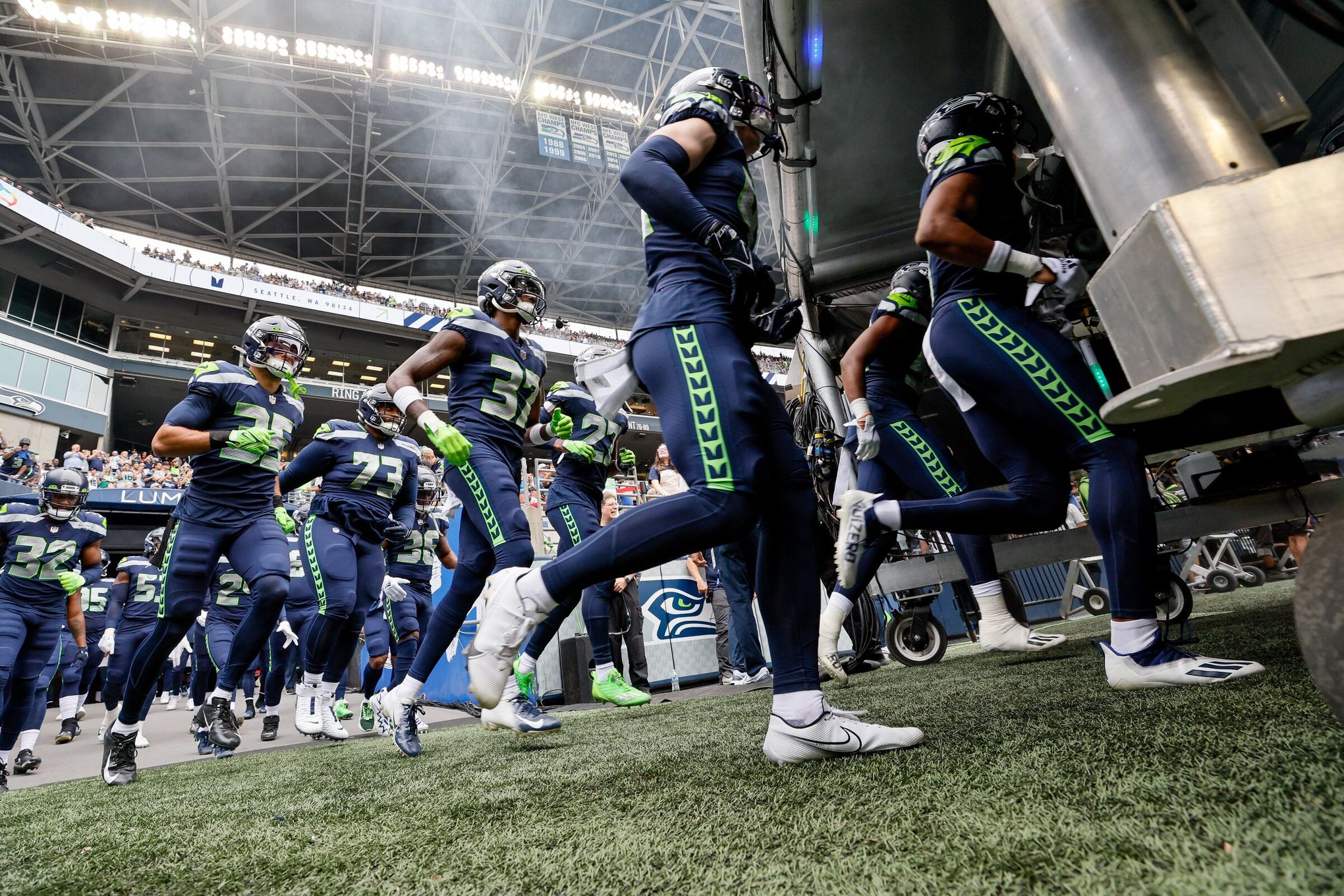 Marcus Mariota of the Atlanta Falcons walks out of the tunnel