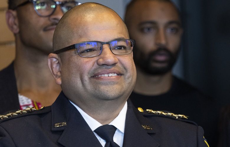 Former Interim Police Chief Adrian Diaz is all smiles as Seattle Mayor Bruce Harrell introduces him as Seattle’s new police chief at a press conference held at City Hall Tuesday, September 20, 2022. 221618
