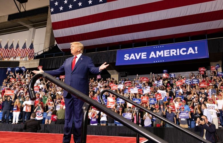FILE – Donald Trump speaks at his first rally since his Mar-a-Lago club was searched by FBI agents, in Wilkes-Barre, Pa., on Sept. 3, 2022. Trump, sitting on a huge campaign war chest, is eyeing a raft of television ads to help Republican candidates in the midterm elections, people familiar with the talks say. (Hannah Beier/The New York Times) XNYT250 XNYT250
