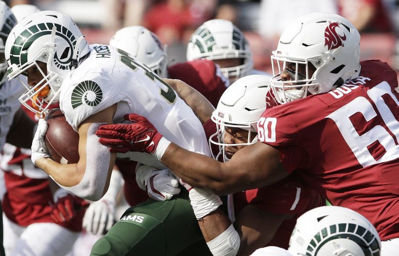 Washington State defensive tackle David Gusta, right, and linebacker Daiyan Henley, center, tackle Colorado State running back Keegan Holles during the first half of an NCAA college football game, Saturday, Sept. 17, 2022, in Pullman, Wash. (AP Photo/Young Kwak) OTK OTK