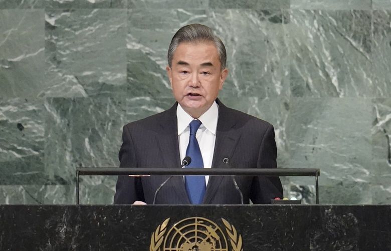Foreign Minister of China Wang Yi addresses the 77th session of the United Nations General Assembly, Saturday, Sept. 24, 2022 at U.N. headquarters. (AP Photo/Mary Altaffer) UNMA128 UNMA128